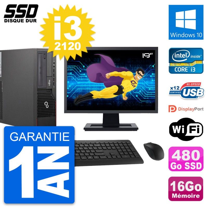 Computadora de escritorio Fujitsu E700 E90+ con pantalla de 19 pulgadas, i3-2120, 16GB de RAM, SSD de 480GB, Windows 10 y WiFi