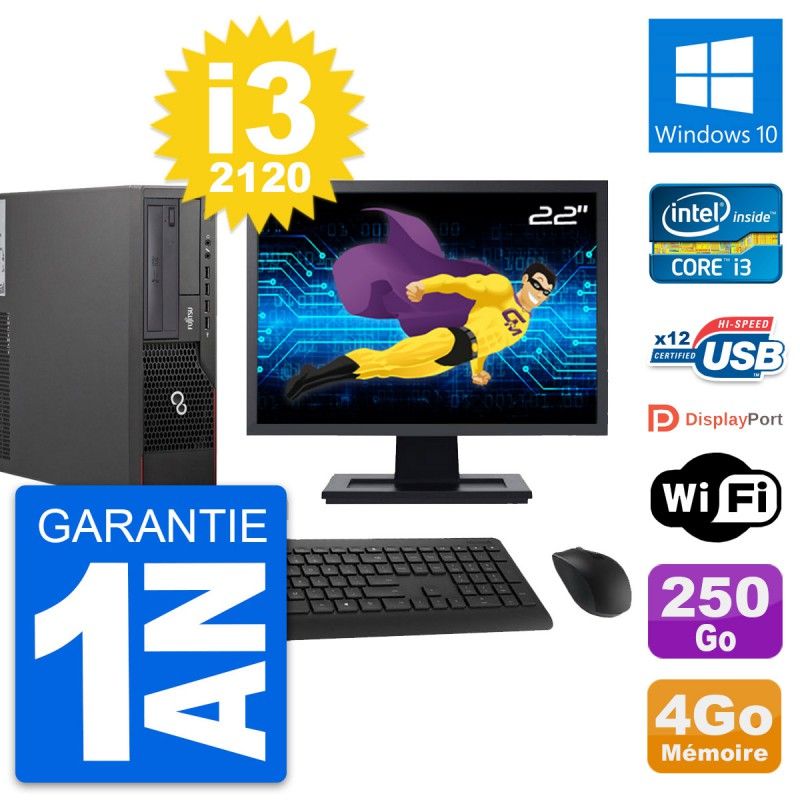 Fujitsu E700 DT 22-inch Screen, Intel i3-2120, 4GB RAM, 250GB Disk, Windows 10, WiFi