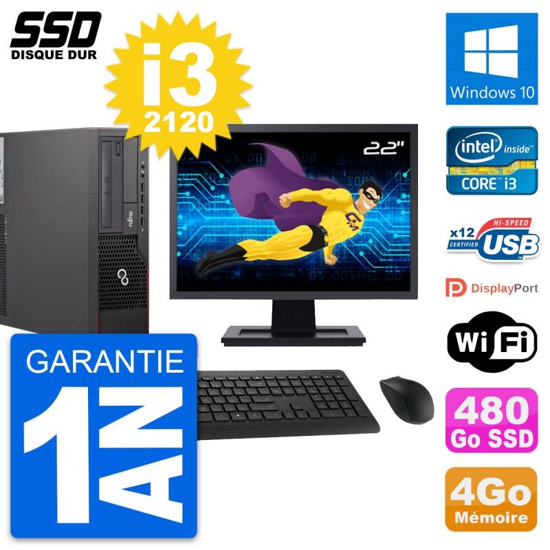 Fujitsu E700 E90+ DT 22" Screen Core i3-2120 4GB RAM 480GB SSD Windows 10 WiFi Desktop PC