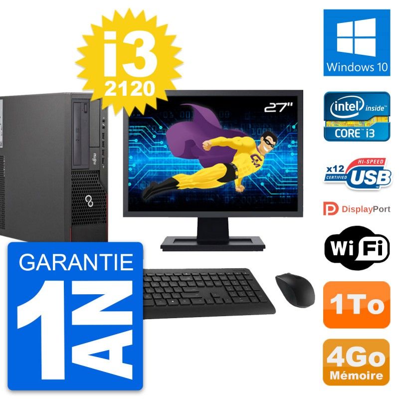 Ordinateur de bureau Fujitsu E700 DT avec écran 27'', Intel Core i3-2120, 4 Go de RAM, disque dur 1 To, Windows 10 et Wi-Fi