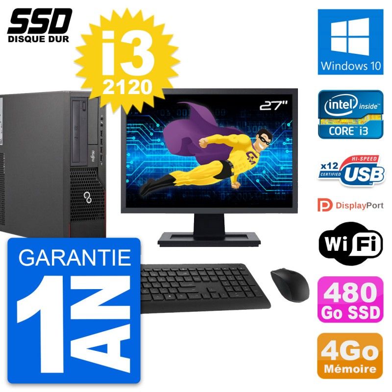 PC de escritorio Fujitsu E700 E90+ DT (pantalla de 27 pulgadas, Core i3, 4GB de RAM, SSD de 480GB, Windows 10)