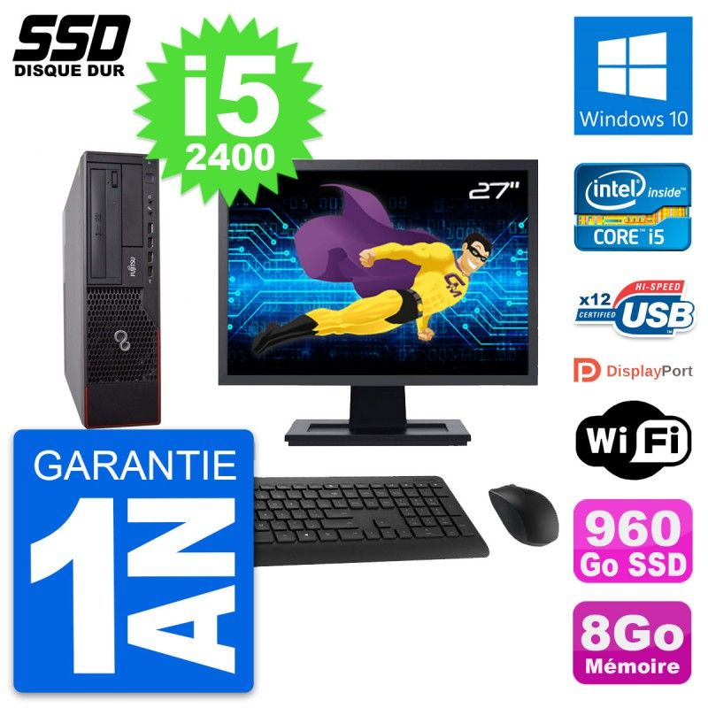 Fujitsu E700 E90+ DT 27" Screen Core i5-2400 8GB RAM 960GB SSD Windows 10 Wi-Fi Desktop PC