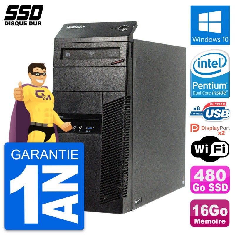 Ordinateur de bureau Lenovo ThinkCentre M83 - Processeur Intel Pentium Dual-Core G3220, 16 Go de RAM, 480 Go SSD, Windows 10, WiFi