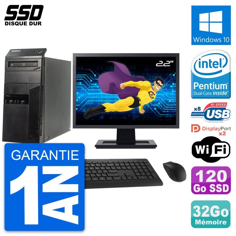 Lenovo M83 Desktop PC - 22" Screen, Intel Pentium G3220, 32GB RAM, 120GB SSD, Windows 10, WiFi