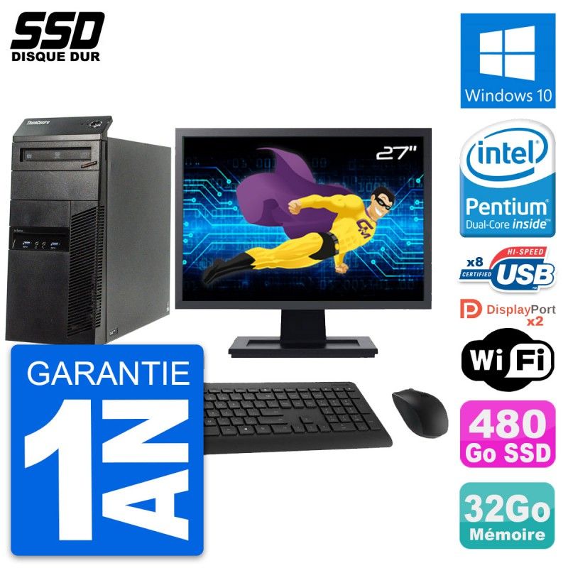 Lenovo M83 Desktop Computer - 27" Screen, Intel Pentium G3220, 32GB RAM, 480GB SSD, Windows 10, WiFi
