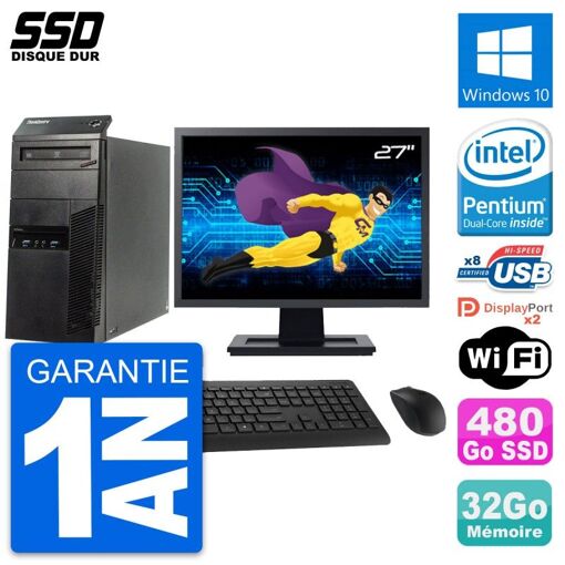 Computadora de escritorio Lenovo M83 - Pantalla de 27', Procesador Intel Pentium G3220, 32 GB de RAM, 480 GB SSD, Windows 10, WiFi