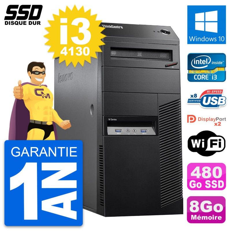 Lenovo ThinkCentre M83 Desktop PC - Intel i3-4130, 8GB RAM, 480GB SSD, Windows 10, WiFi