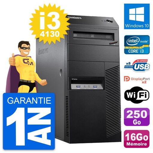 PC de escritorio Lenovo ThinkCentre M83 - Procesador Intel Core i3-4130, 16GB de RAM, Disco duro de 250GB, Windows 10, WiFi