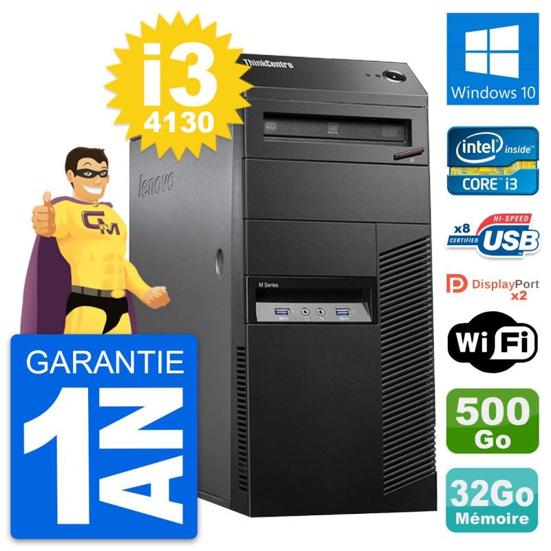 PC de escritorio Lenovo ThinkCentre M83 - Procesador Intel Core i3-4130, 32 GB de RAM, Disco duro de 500 GB, Windows 10, WiFi