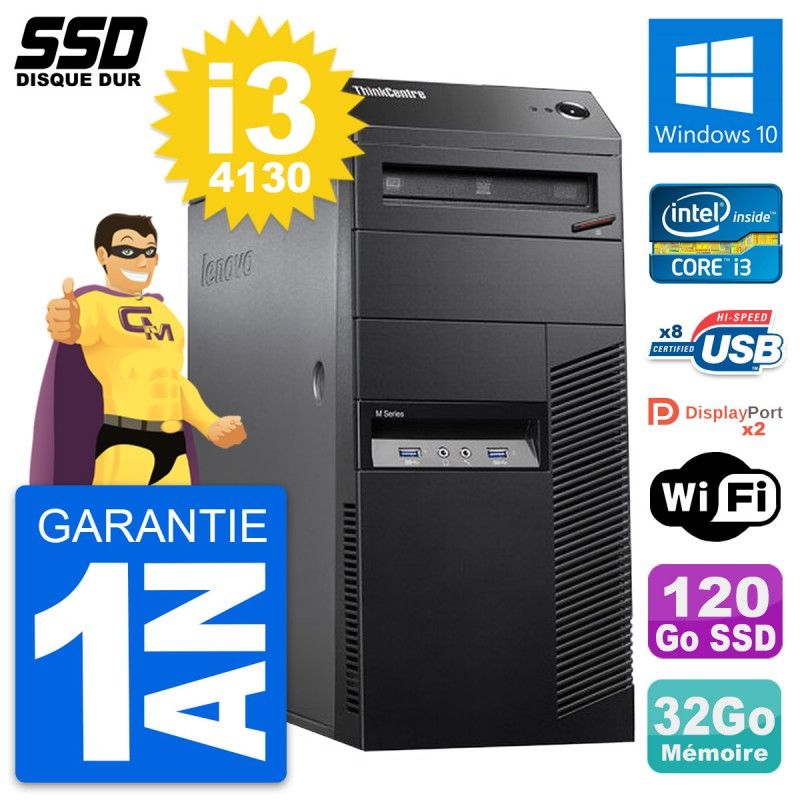 Lenovo ThinkCentre M83 Desktop PC - Intel i3-4130, 32GB RAM, 120GB SSD, Windows 10, Wifi