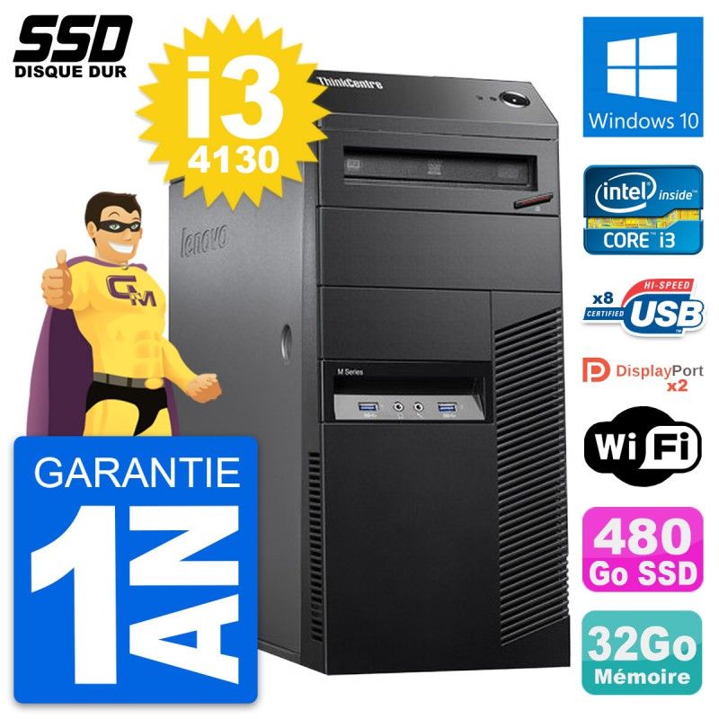 Lenovo ThinkCentre M83 Desktop PC - Intel i3-4130, 32GB RAM, 480GB SSD, Windows 10, WiFi