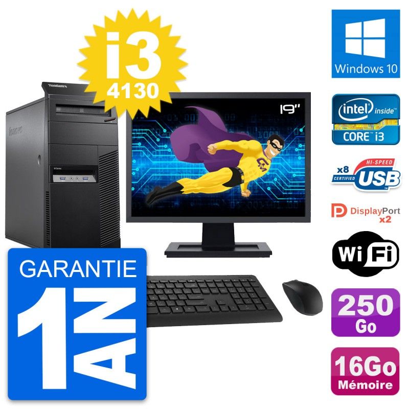 Lenovo ThinkCentre M83 Desktop PC - 19" Screen, Intel i3-4130, 16GB RAM, 250GB HDD, Windows 10, WiFi