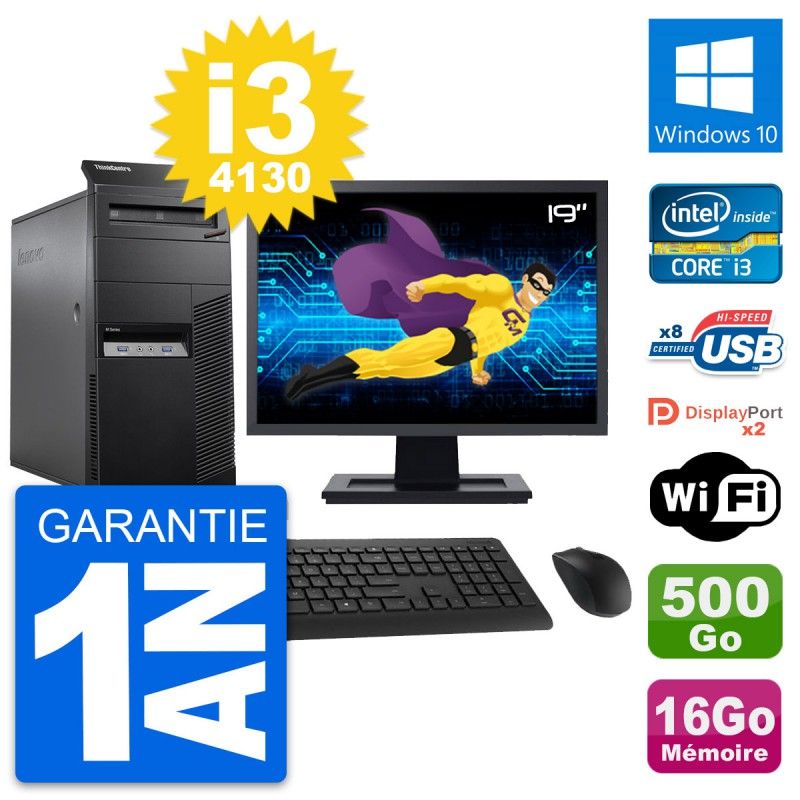 Lenovo M83 Desktop PC - 19" Screen, Intel i3-4130, 16GB RAM, 500GB Hard Drive, Windows 10, WiFi