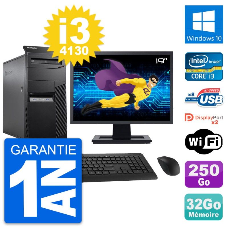 Lenovo ThinkCentre M83 Desktop Computer - 19" Screen, Intel i3-4130, 32GB RAM, 250GB SSD, Windows 10, WiFi