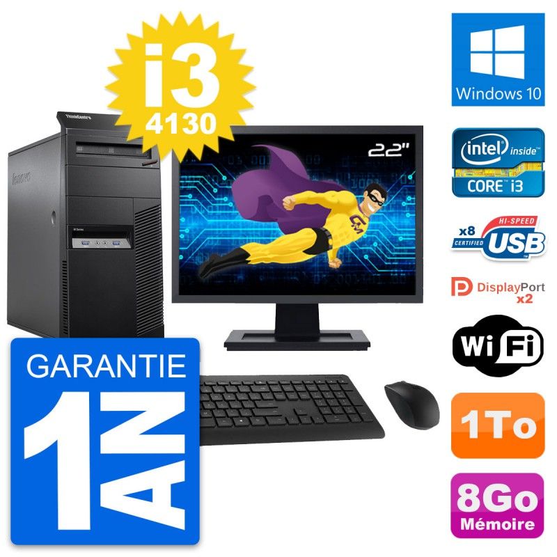 Lenovo M83 Tower PC - 22" Screen, Core i3-4130, 8GB RAM, 1TB HDD, Windows 10, WiFi