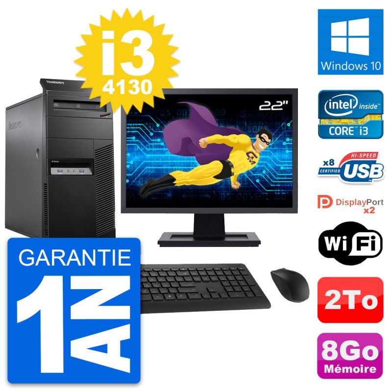 Lenovo M83 Desktop PC - 22" Screen, Core i3-4130, 8GB RAM, 2TB Hard Drive, Windows 10, WiFi