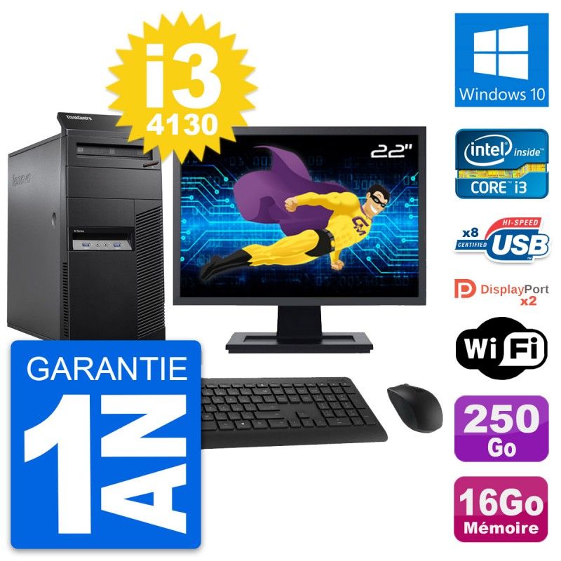 Lenovo ThinkCentre M83 Desktop Computer, 22" Screen, Intel i3-4130, 16GB RAM, 250GB SSD, Windows 10, WiFi