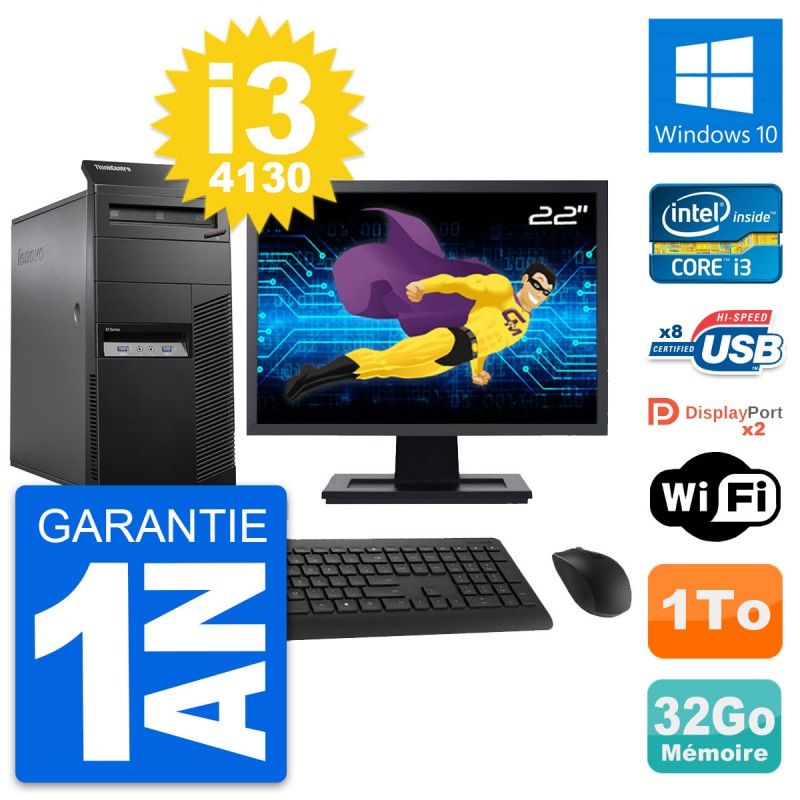 Lenovo M83 Desktop PC - 22inch Screen, Intel i3-4130, 32GB RAM, 1TB HDD, Windows 10, Wifi