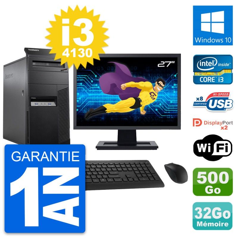 Lenovo M83 Desktop Computer - 27" Screen, Intel i3-4130, 32GB RAM, 500GB HDD, Windows 10, Wi-Fi