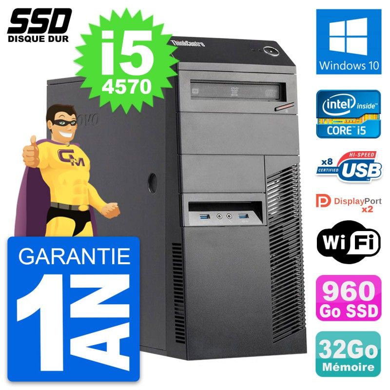 Ordinateur de bureau Lenovo ThinkCentre M83 - Processeur Intel i5-4570, 32 Go de RAM, 960 Go SSD, Windows 10, WiFi