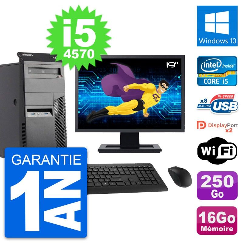 Lenovo M83 Desktop PC - 19-inch Screen, Intel i5-4570, 16GB RAM, 250GB HDD, Windows 10, WiFi
