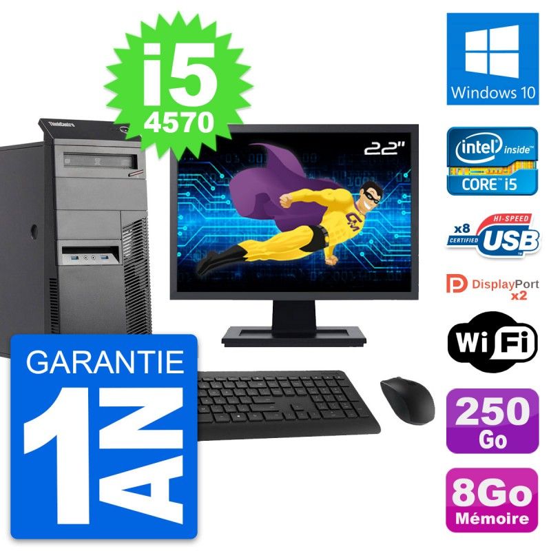Lenovo M83 Desktop PC - 22" Screen, Intel i5-4570, 8GB RAM, 250GB HDD, Windows 10, WiFi