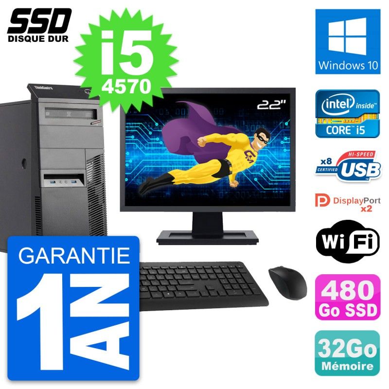 Ordinateur de bureau Lenovo M83, écran 22'', processeur Intel i5-4570, 32 Go de RAM, 480 Go SSD, Windows 10, Wi-Fi
