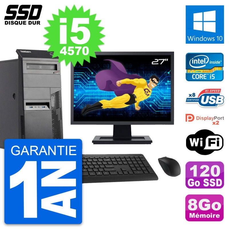 Ordinateur de bureau Lenovo M83 - Écran 27'', Processeur Intel i5-4570, 8 Go de RAM, 120 Go SSD, Windows 10, Wi-Fi