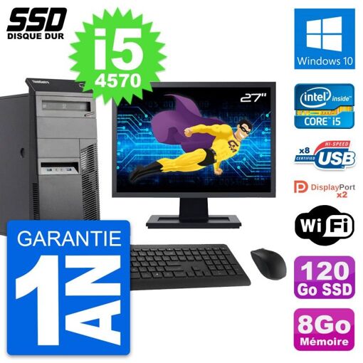 Lenovo M83 Tower PC - 27" Screen, Intel i5-4570, 8GB RAM, 120GB SSD, Windows 10, WiFi