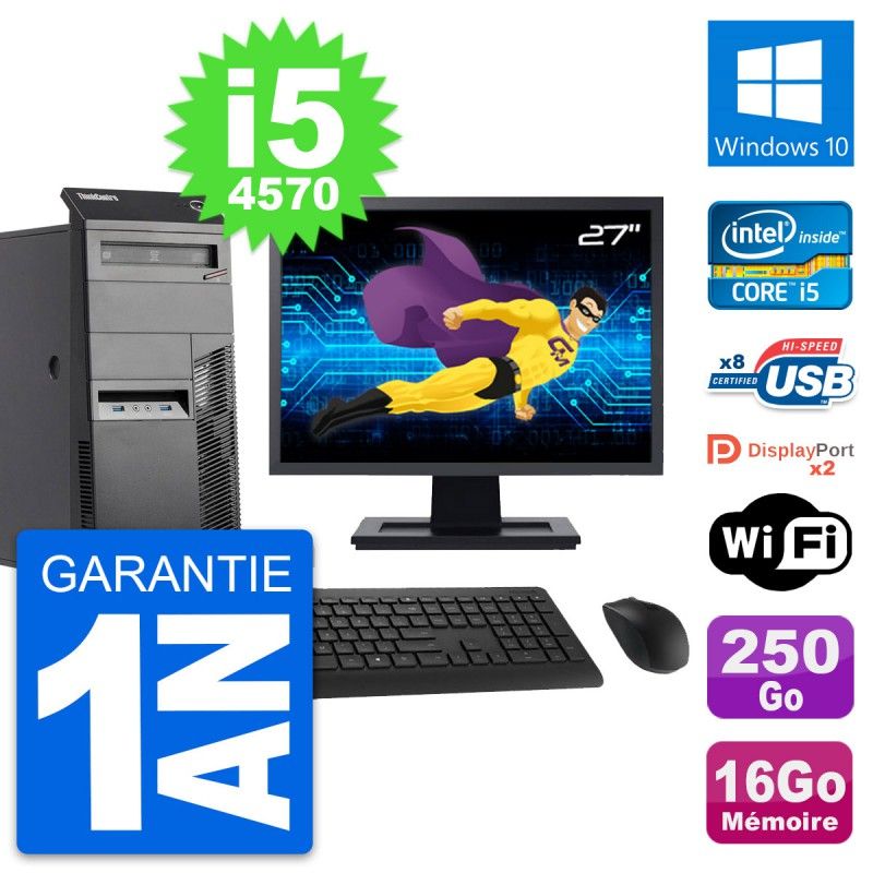 Lenovo M83 Desktop Computer - 27" Screen, Intel i5-4570, 16GB RAM, 250GB HDD, Windows 10, WiFi