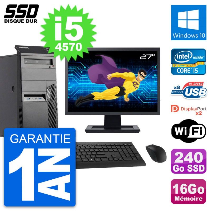 Lenovo M83 Tower PC - 27" Screen, Intel i5-4570, 16GB RAM, 240GB SSD, Windows 10, WiFi