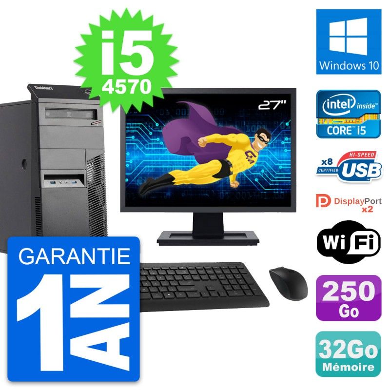 Lenovo ThinkCentre M83 Desktop Computer - 27" Screen, Intel i5-4570, 32GB RAM, 250GB SSD, Windows 10, WiFi