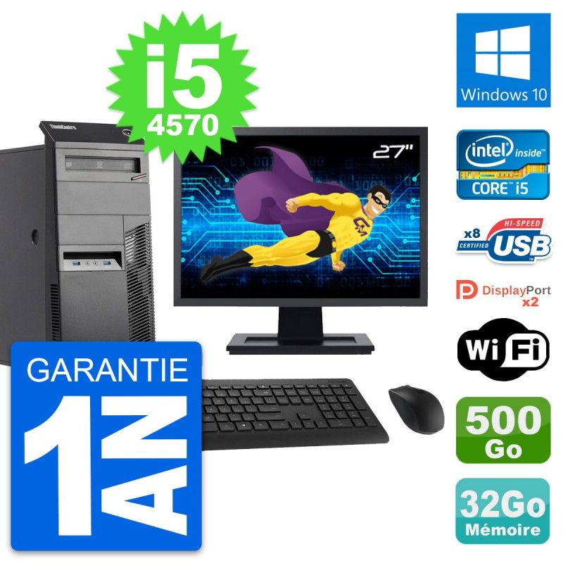 Lenovo M83 Tower PC - 27" Screen, Intel i5-4570, 32GB RAM, 500GB HDD, Windows 10, WiFi