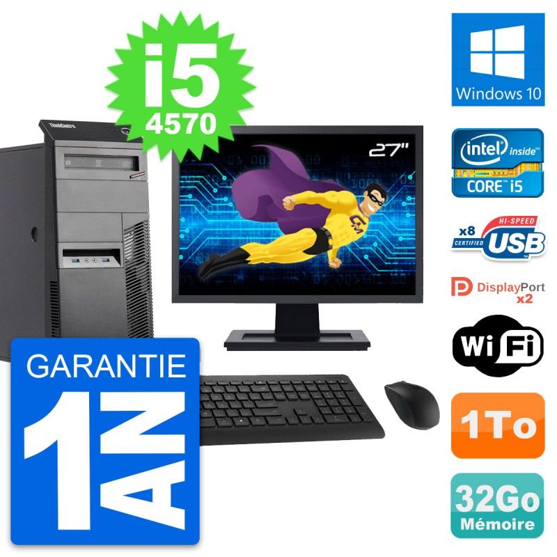 Lenovo M83 Desktop PC - 27" Screen, Intel i5-4570, 32GB RAM, 1TB HDD, Windows 10, WiFi
