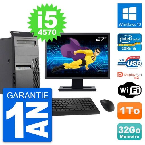 Lenovo M83 Desktop PC - 27" Screen, Intel i5-4570, 32GB RAM, 1TB HDD, Windows 10, WiFi
