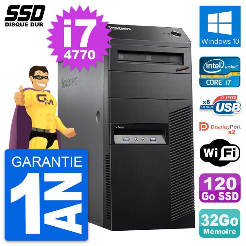 Lenovo ThinkCentre M83 Desktop PC - Intel i7-4770, 32GB RAM, 120GB SSD, Windows 10, WiFi