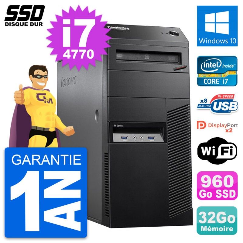 Lenovo ThinkCentre M83 Desktop PC - Intel i7-4770, 32GB RAM, 960GB SSD, Windows 10, WiFi
