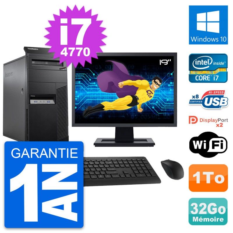 Lenovo M83 Desktop PC - 19" Screen, Intel i7-4770, 32GB RAM, 1TB HDD, Windows 10, WiFi