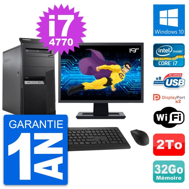Lenovo M83 Desktop Computer - 19" Screen, Intel i7-4770, 32GB RAM, 2TB HDD, Windows 10, WiFi