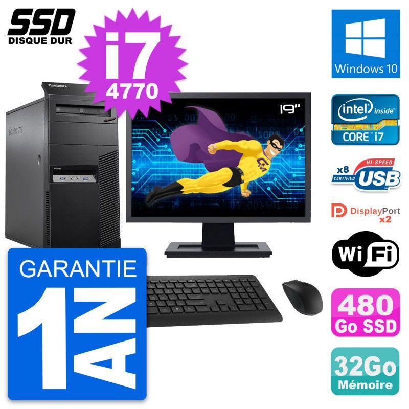 Lenovo M83 Desktop PC - 19" Screen, Intel i7-4770, 32GB RAM, 480GB SSD, Windows 10, WiFi