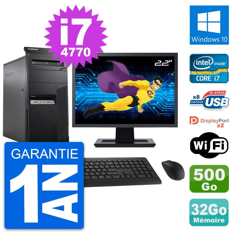 Lenovo M83 Desktop Computer - 22" Screen, Intel i7-4770, 32GB RAM, 500GB HDD, Windows 10, WiFi