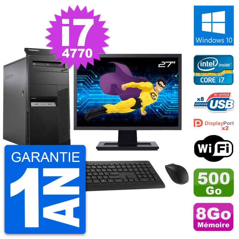 Lenovo M83 Tower PC - 27" Screen, Intel i7-4770, 8GB RAM, 500GB HDD, Windows 10, WiFi