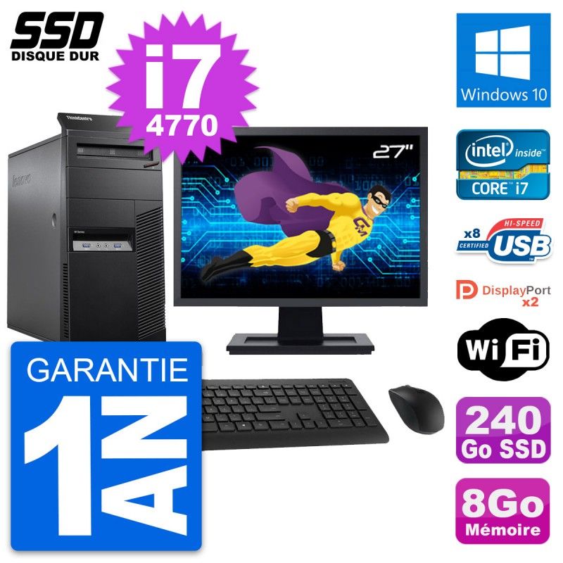 Lenovo M83 Desktop Computer - 27" Screen, Intel i7-4770, 8GB RAM, 240GB SSD, Windows 10, WiFi