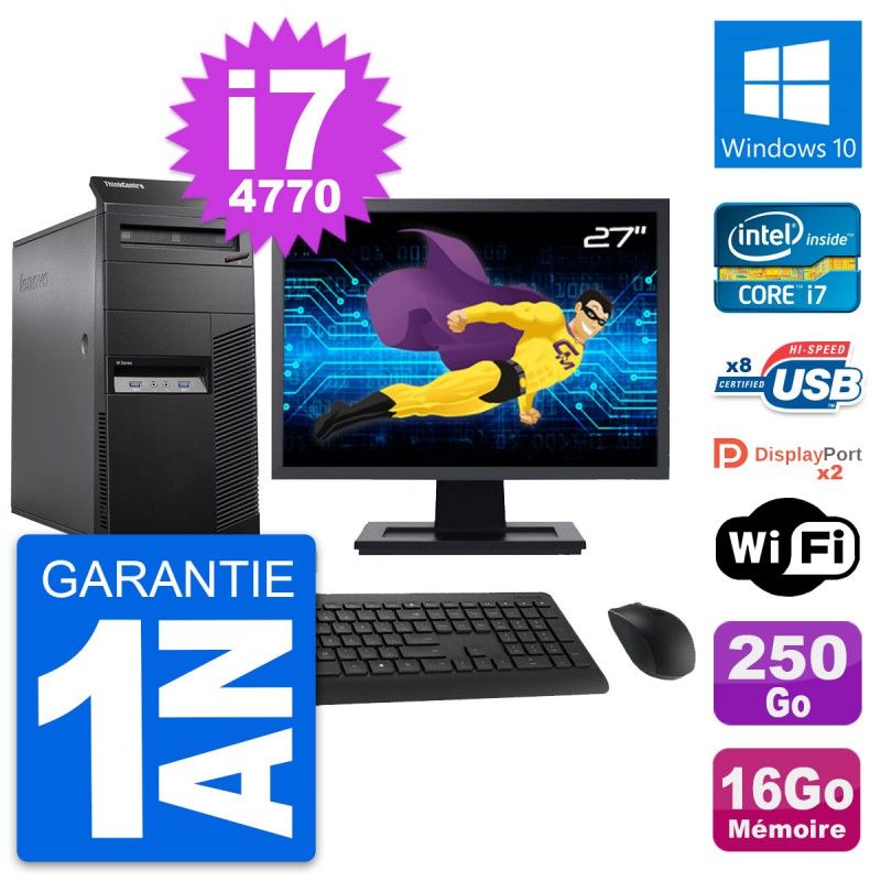 Lenovo ThinkCentre M83 Desktop Computer, 27" Screen, Intel i7-4770, 16GB RAM, 250GB SSD, Windows 10, WiFi
