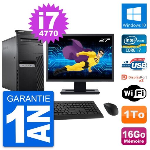 Lenovo M83 Desktop PC - 27 inch Screen, Intel i7-4770, 16GB RAM, 1TB Hard Drive, Windows 10, WiFi