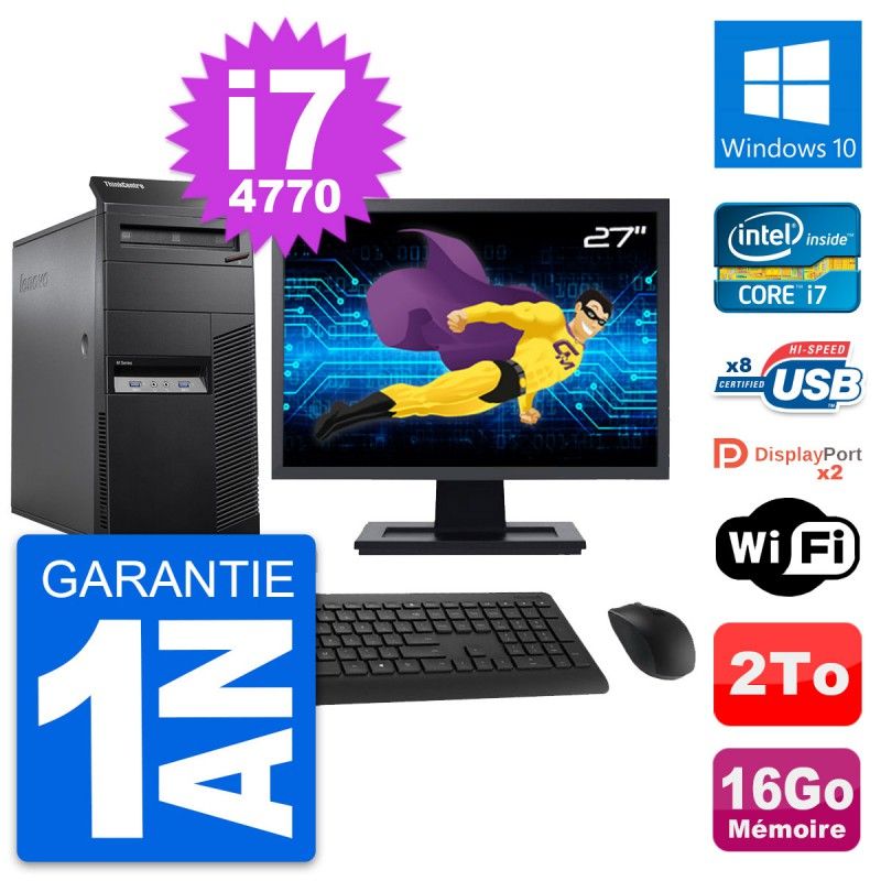 Lenovo M83 Desktop Computer - 27" Screen, Intel i7-4770, 16GB RAM, 2TB HDD, Windows 10, WiFi