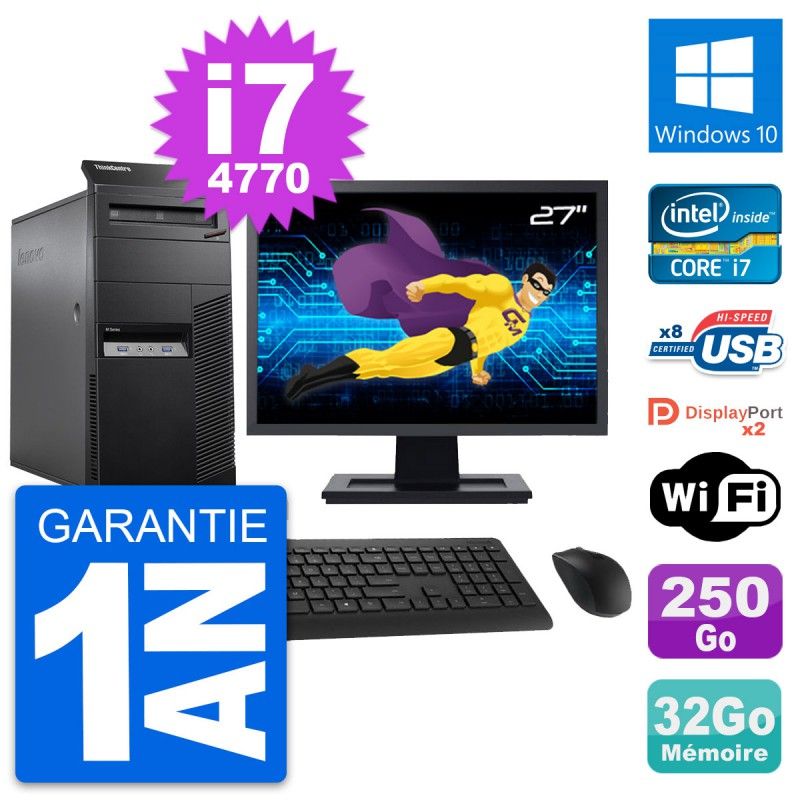 Lenovo M83 Desktop PC - 27" Screen, Intel i7-4770, 32GB RAM, 250GB SSD, Windows 10, WiFi