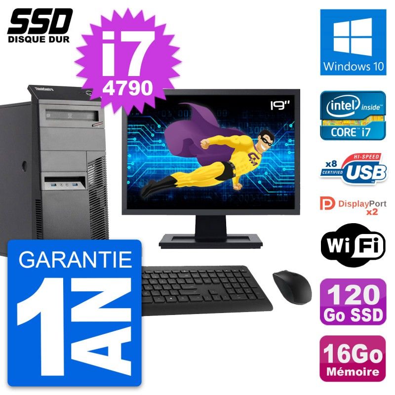 Lenovo M83 Desktop PC - 19' Screen, Intel i7-4790, 16GB RAM, 120GB SSD, Windows 10, WiFi