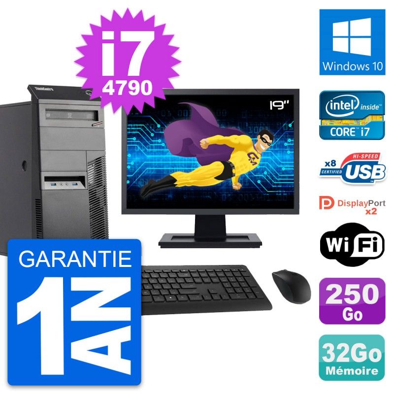 Lenovo M83 Desktop PC - 19" Screen, Intel i7-4790, 32GB RAM, 250GB HDD, Windows 10, WiFi