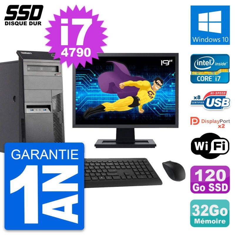 Lenovo M83 Desktop PC - 19" Screen, Intel i7-4790, 32GB RAM, 120GB SSD, Windows 10, WiFi